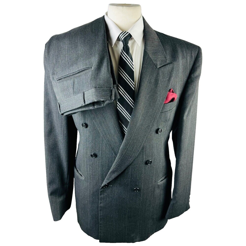 PAUL RODON Mens 42R Gray Stripe Double Breast USA 2 Piece Suit W/ Pants 34x29